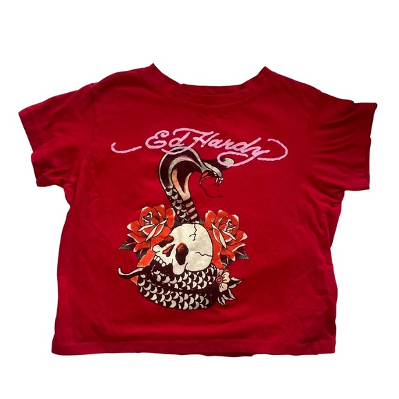 Ed Hardy Tops - Ed Hardy Cropped Graphic Tee “Ed Hardy” Script — Size M (Y2K / Tattoo Style)